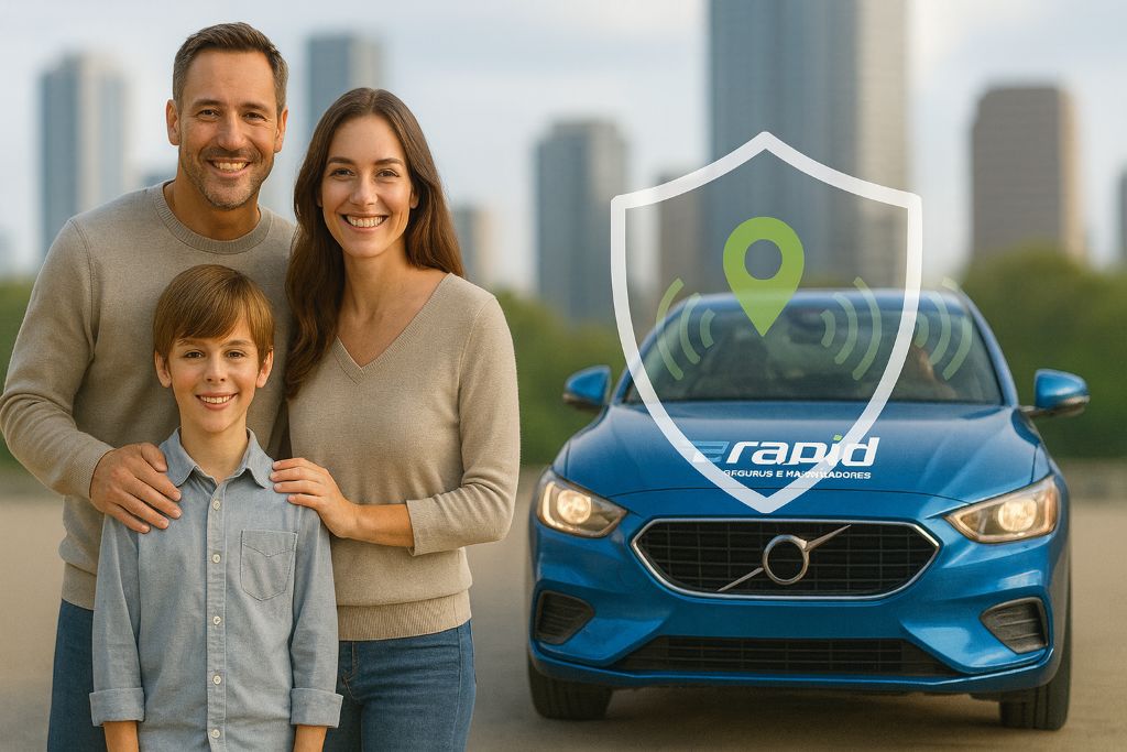 Família ao lado do carro coberto com logo RAPÍD